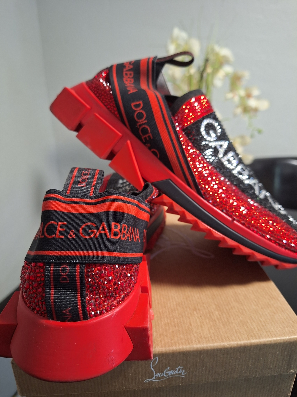 Dolce & Gabbana Red Crystal Embellished Slip-On Sneakers.